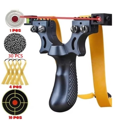 Pack lance pierre / Fronde de chasse noir avec laser, cibles, elastiques et billes en metal (