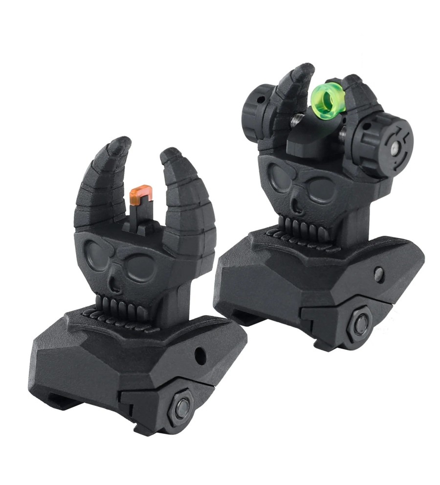 Hausse et guidon en fibre optique rabattable type AR15 tete de mort noir pour rail picatinny