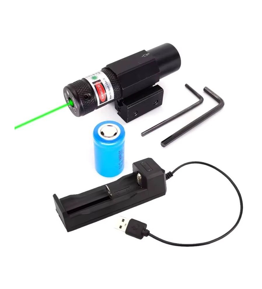 Laser tactique Vert avec fixation rail 11 et 22 mm, pile rechargeable et chargeur