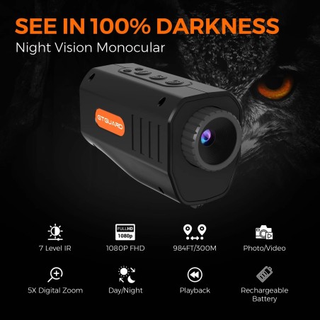 Monoculaire enregistreur de vision nocturne 1080, 12MP, Zoom 5X