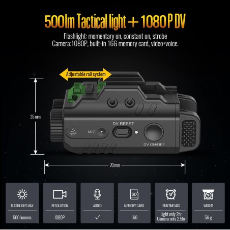 Enregistreur video et Lampe 500 Lumens pour montage sur rail picatinny