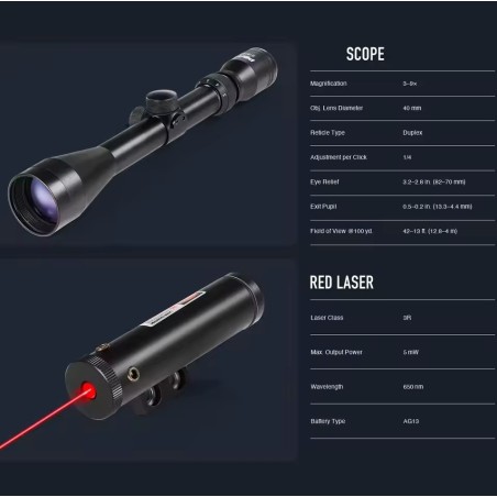 Lunette de tir 3-9x40 EG avec laser rouge colliers 11 ou 22 mm