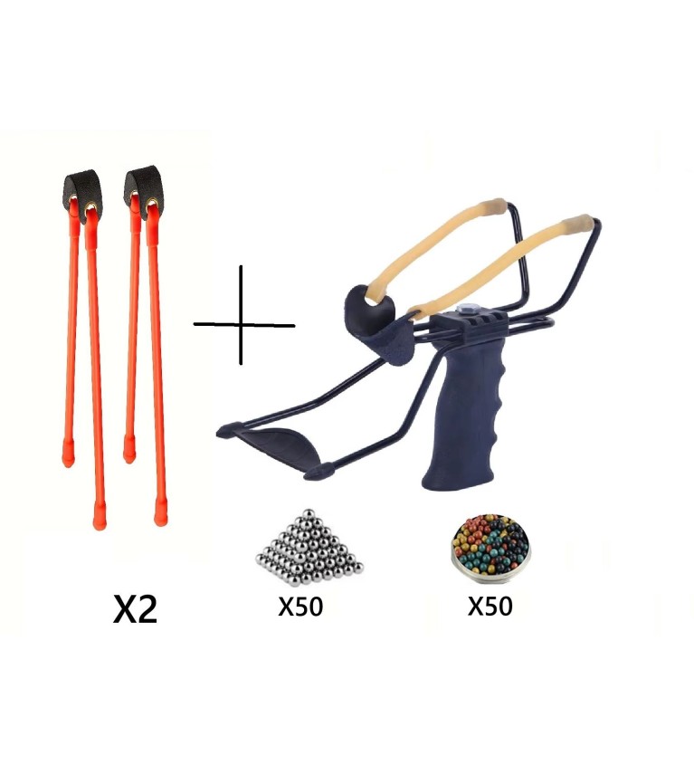 Pack Fronde de chasse / lance pierre noir avec support poignée et deux elastiques de rechange