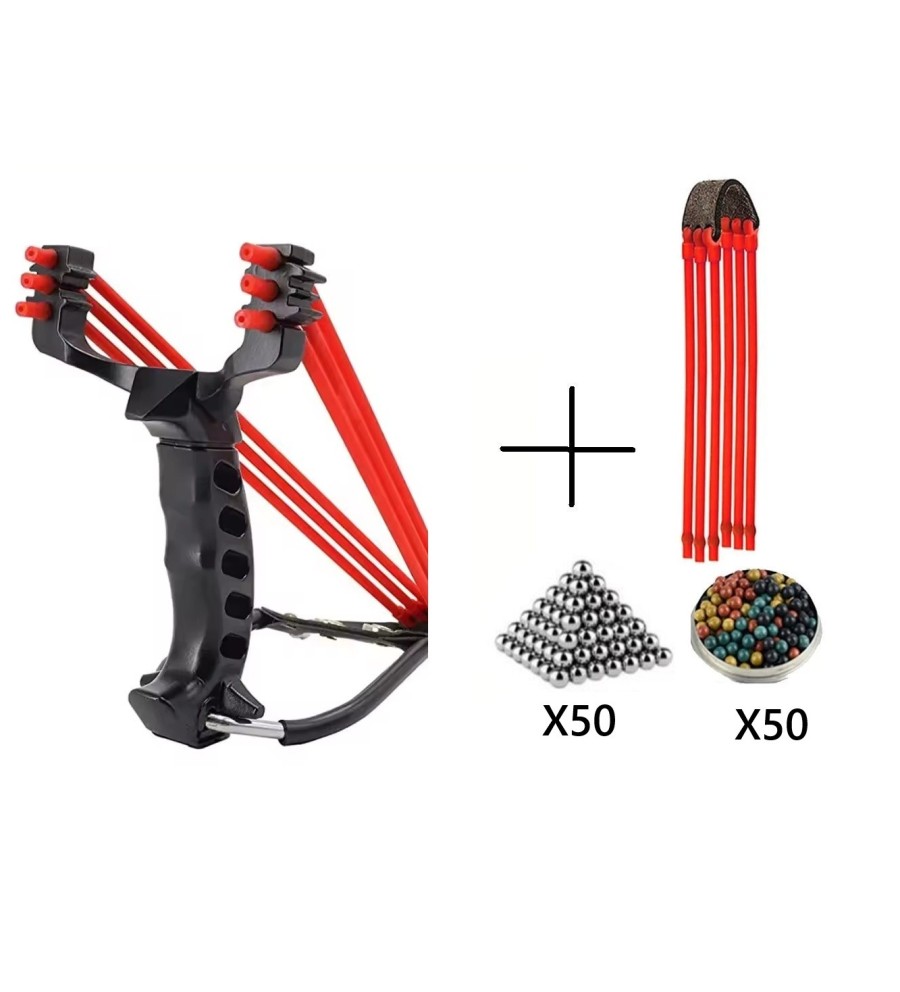 Pack Fronde de chasse / lance pierre F3X en métal avec support poignée et un elastique de rechange