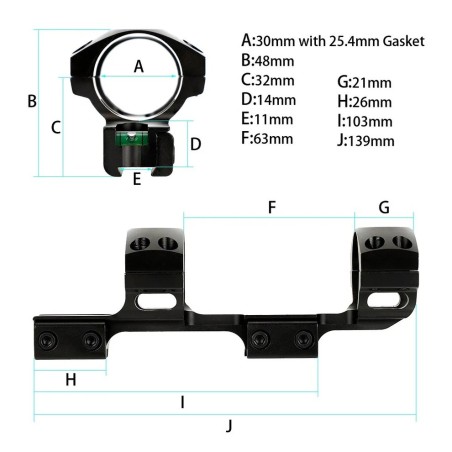 Monobloc déporté pour rail 11 mm et diamètre de tube de 25.4 (1") et 30 mm avec niveau à bulle