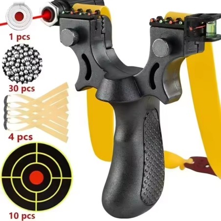 Pack lance pierre / Fronde de chasse noir avec laser, cibles, elastiques et billes en metal (