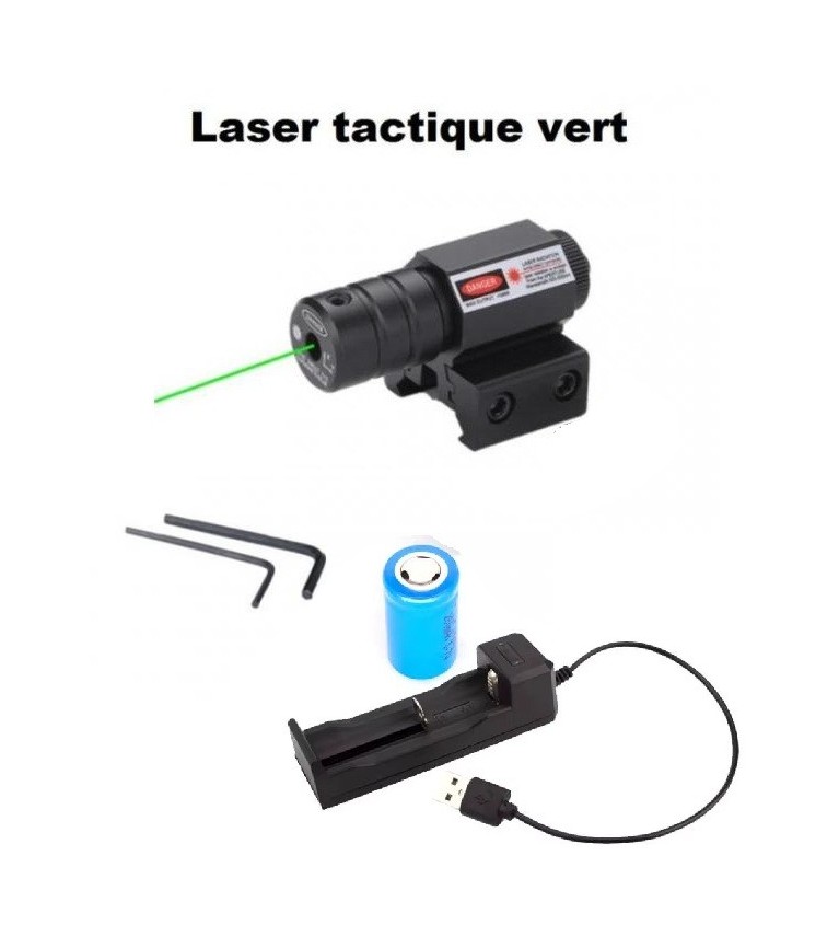 Laser tactique Vert avec fixation rail 11 et 22 mm, pile rechargeable et chargeur
