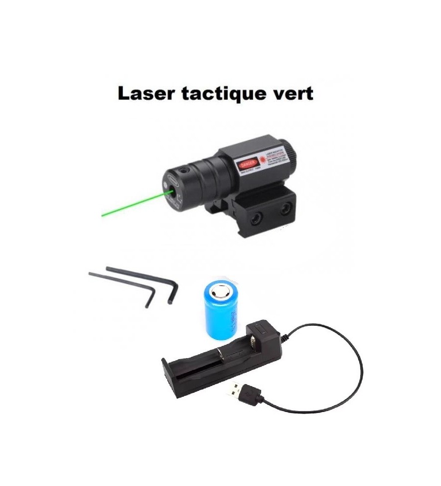 Laser tactique Vert avec fixation rail 11 et 22 mm, pile rechargeable et chargeur