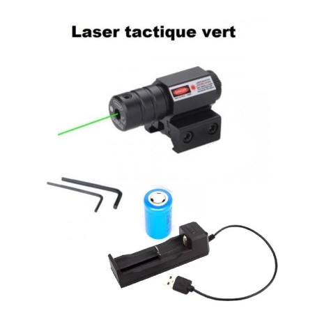 Laser tactique Vert avec fixation rail 11 et 22 mm, pile rechargeable et chargeur