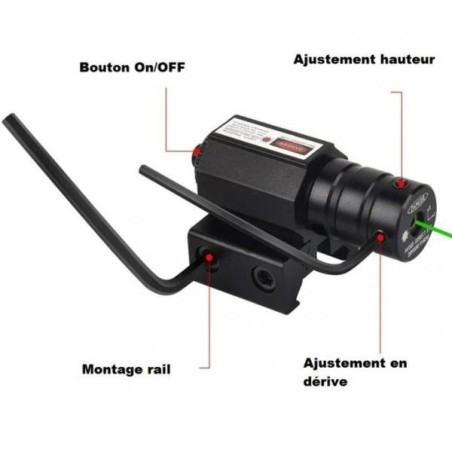 Laser tactique Vert avec fixation rail 11 et 22 mm, pile rechargeable et chargeur
