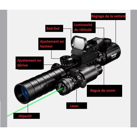 Lunette de tir 3-9x32EG réticule lumineux + laser vert + Point rouge et vert holographique