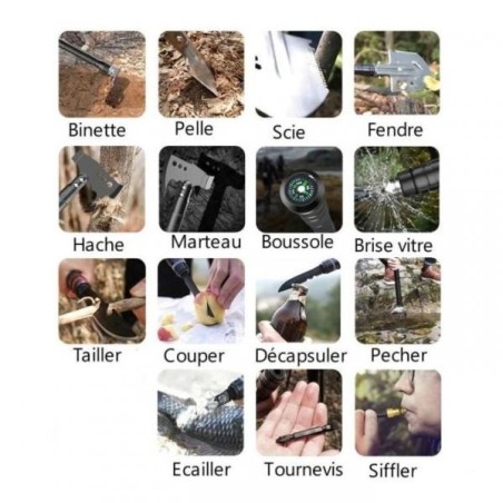 Kit complet pour le camping avec Pelle, Hache, Scie, Couteau