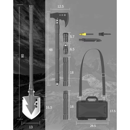 Kit complet pour le camping avec Pelle, Hache, Scie, Couteau