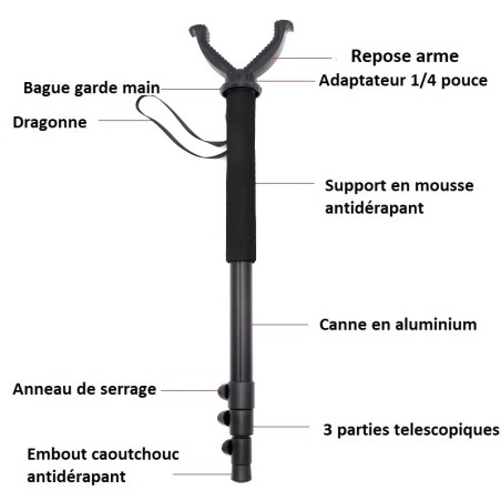 Monopode canne de pirsch télescopique en aluminium avec dragonne de transport